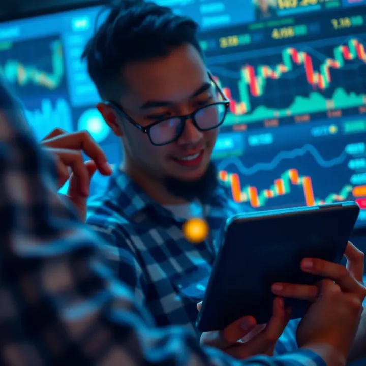 Illustration of a person analyzing crypto signals and market trends on a digital device