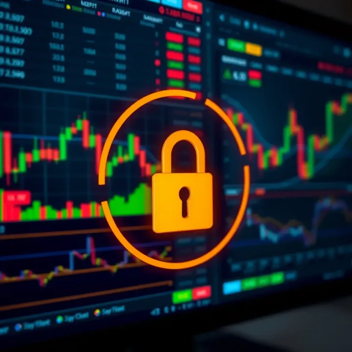 Secure online trading platform interface with financial charts and lock symbol