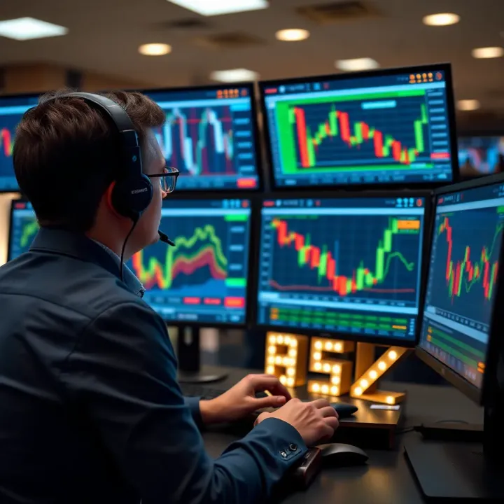 Illustration of a person managing financial charts and betting odds on multiple screens