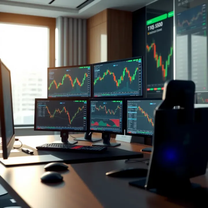 Detailed view of forex trading desk with multiple monitors displaying currency charts and market data