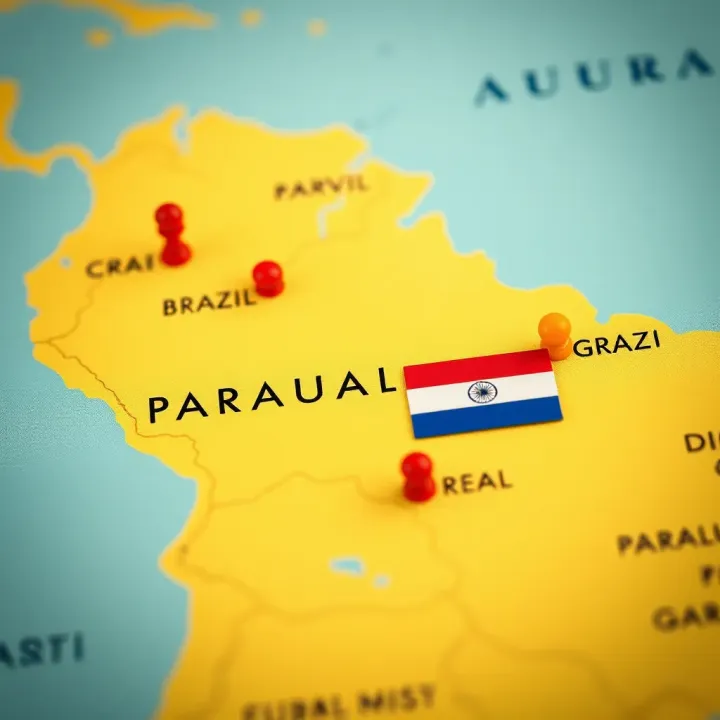 Map highlighting Brazil and Paraguay with icons representing trade and currency exchange