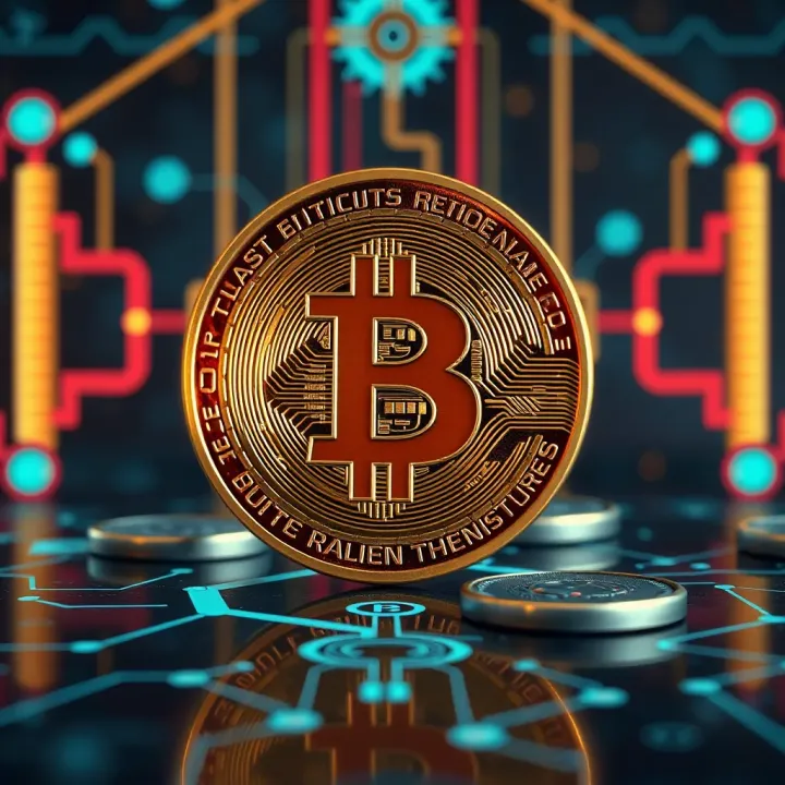 Illustration of Bitcoin symbol with regulatory icons and futuristic technology background