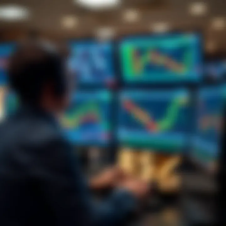 Illustration of a person managing financial charts and betting odds on multiple screens