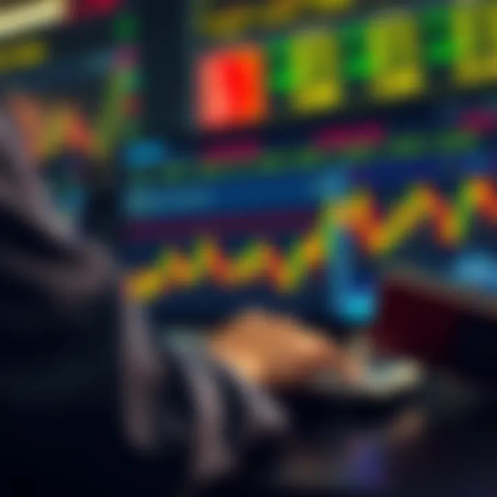 Conceptual illustration showing binary options trading with digital graphs and financial charts on screen