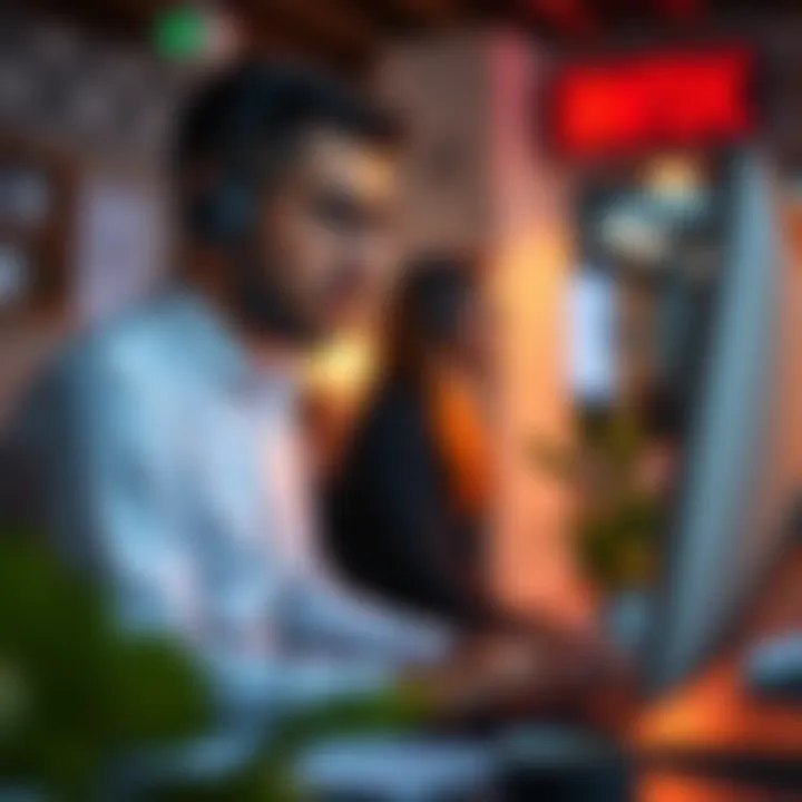 Customer support representative assisting users with crypto investment inquiries on computer
