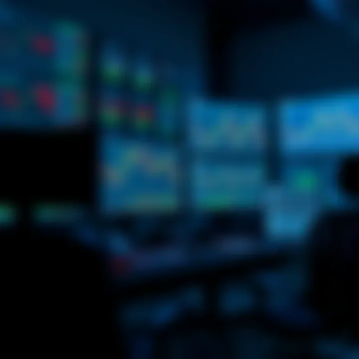 Modern trading desk setup with multiple large monitors displaying stock charts and real-time financial data