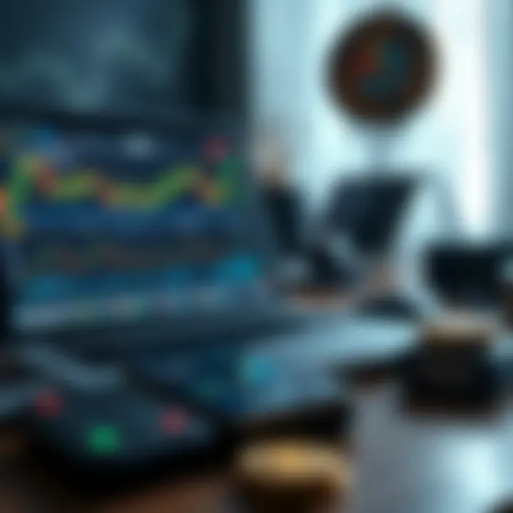 Collection of trading tools including a laptop displaying crypto analytics and a smartphone with market data