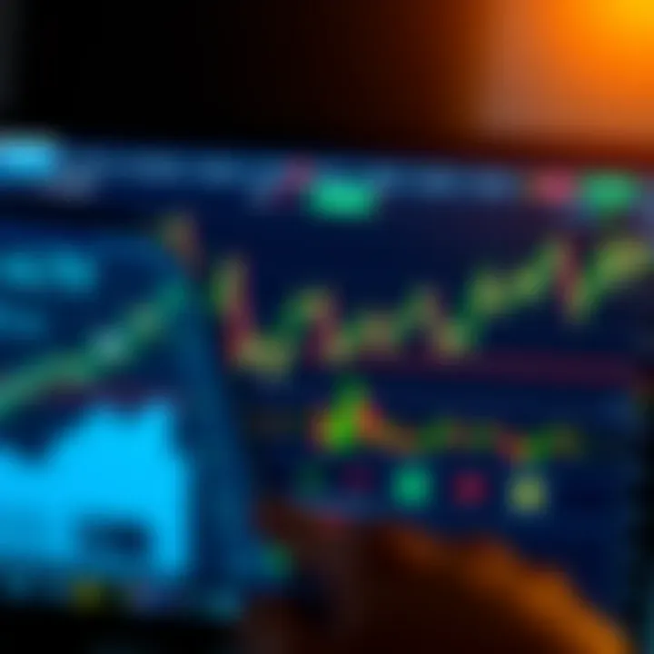Illustration showing a digital trading platform interface with simulated financial charts and indicators