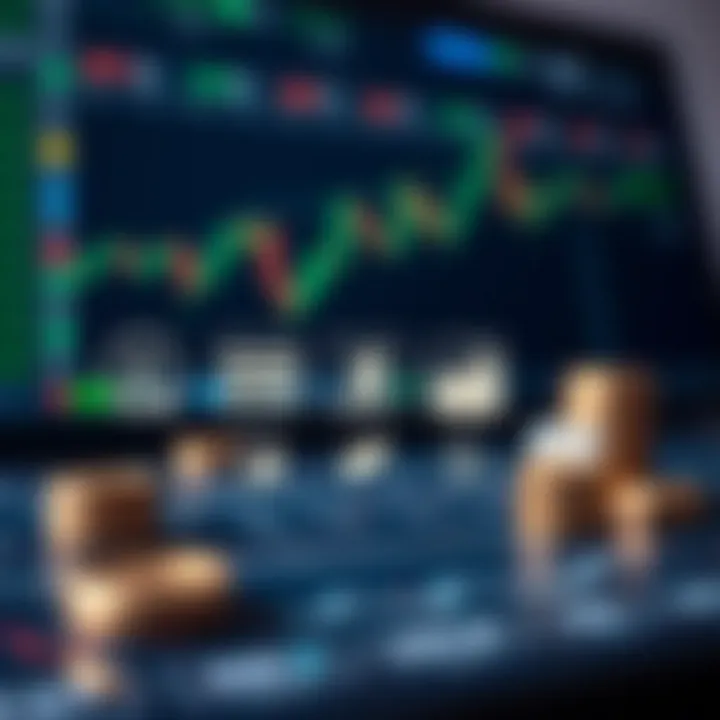 Representation of Asset Types and Trading Tools Illustration of financial market trends with icons representing different asset types and trading tools