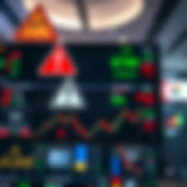 Visual depiction of financial risks in binary options featuring warning signs and fluctuating market indicators