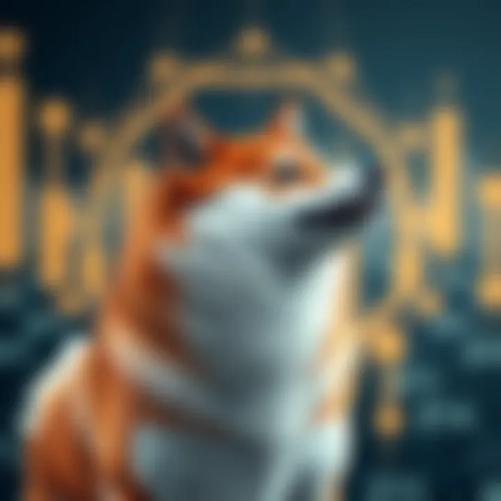 Digital illustration showing a Shiba Inu dog symbol representing Floki Inu cryptocurrency with blockchain elements in the background
