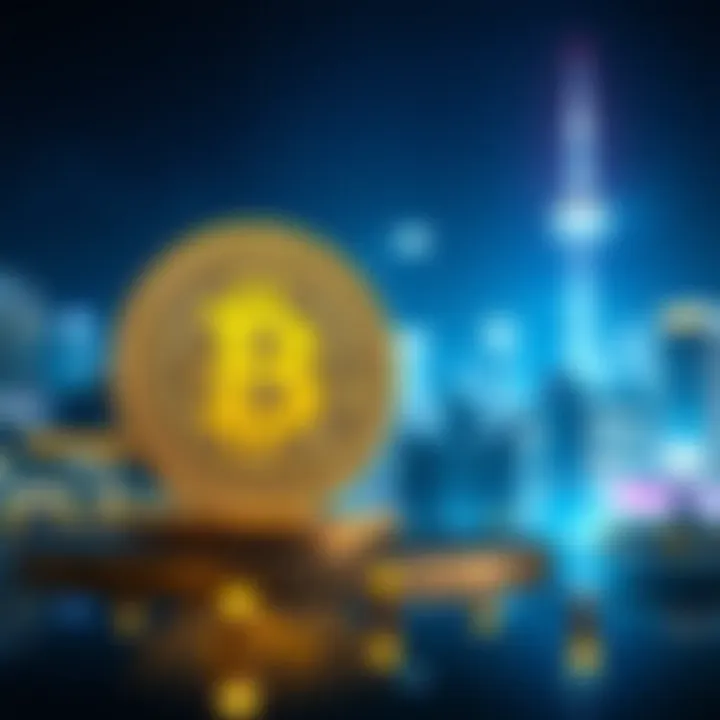 Digital representation of Bitcoin with futuristic cityscape in background symbolizing technological advancements and economic impact