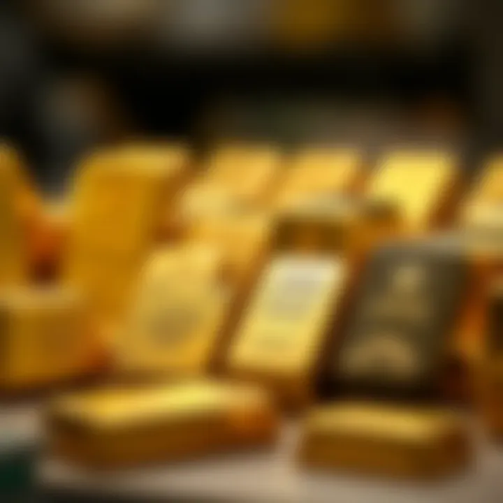 Various gold bars arranged to show different sizes and weights