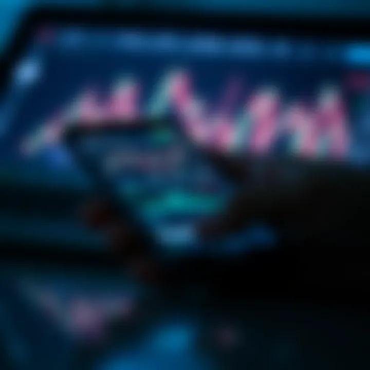 Mobile device displaying financial trading charts and graphs with digital icons representing market trends