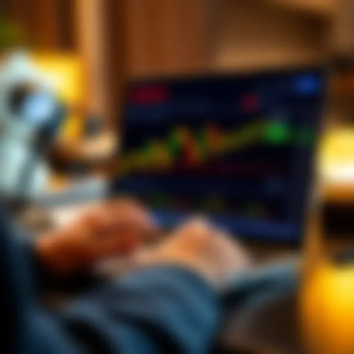 User interacting with Pocket Option application on a laptop showing trading charts and options