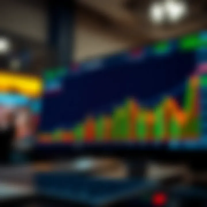 Graph showing stock market trends with digital trading platform interface in the background