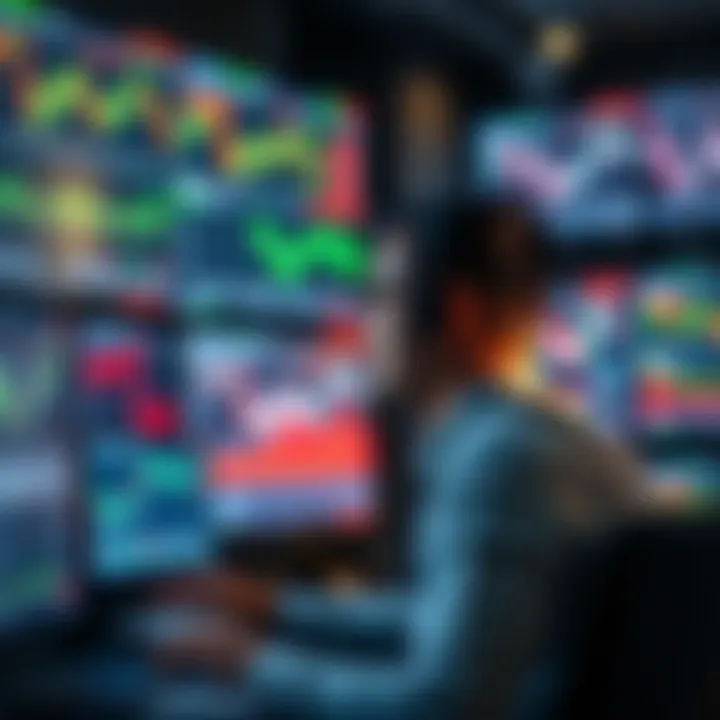 Financial trader analyzing market data on digital screens with charts and graphs