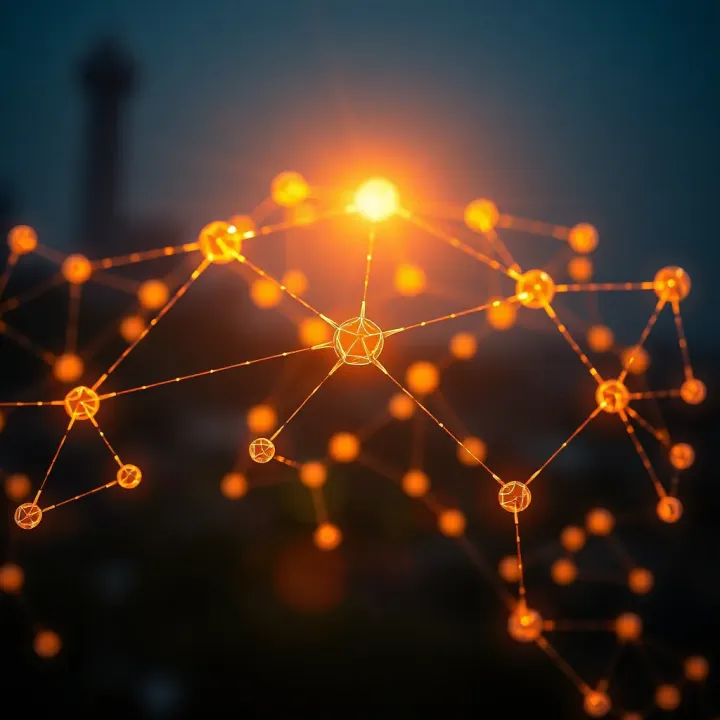 Illustration of blockchain nodes connected representing Chainlink's role in decentralized finance ecosystem