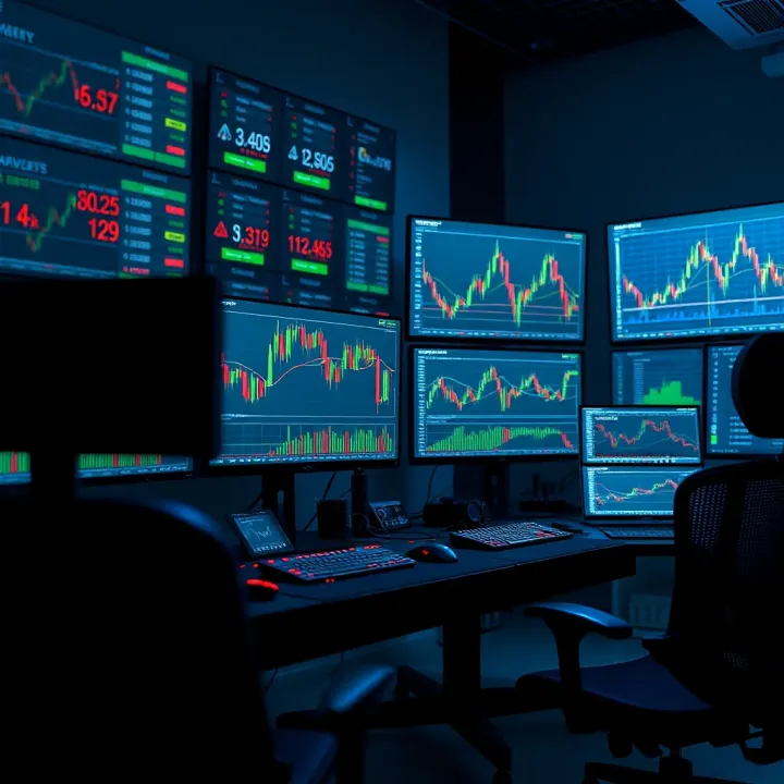 Modern trading desk setup with multiple large monitors displaying stock charts and real-time financial data