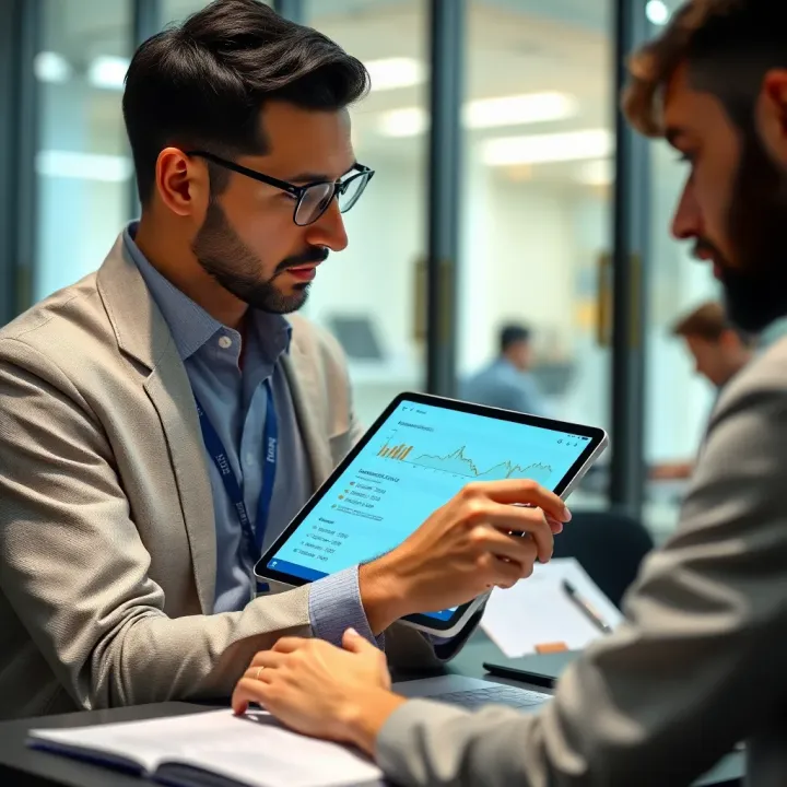 Financial advisor explaining investment options on a digital tablet to clients