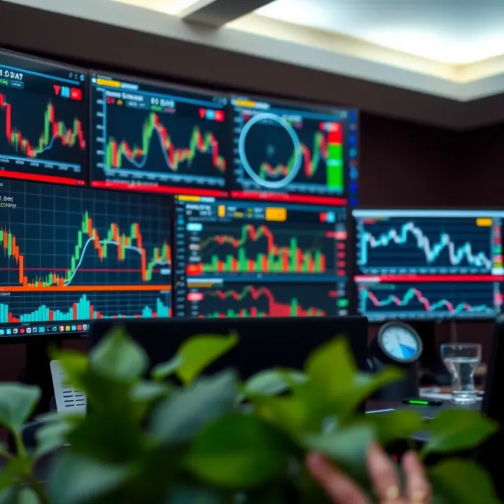 Illustration of online trading platforms showing charts and graphs on multiple screens