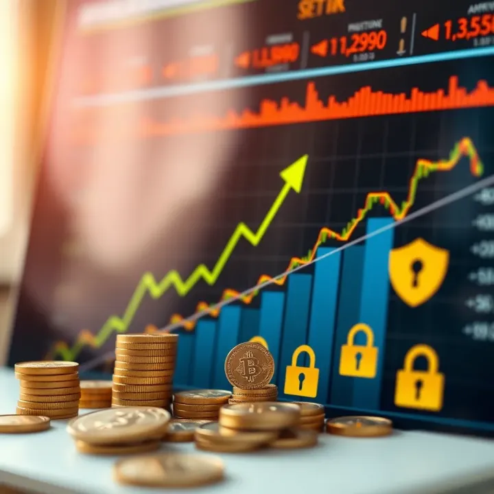 Illustration of diverse financial instruments available for trading on IQ Option with upward trend graphs and secure investment icons