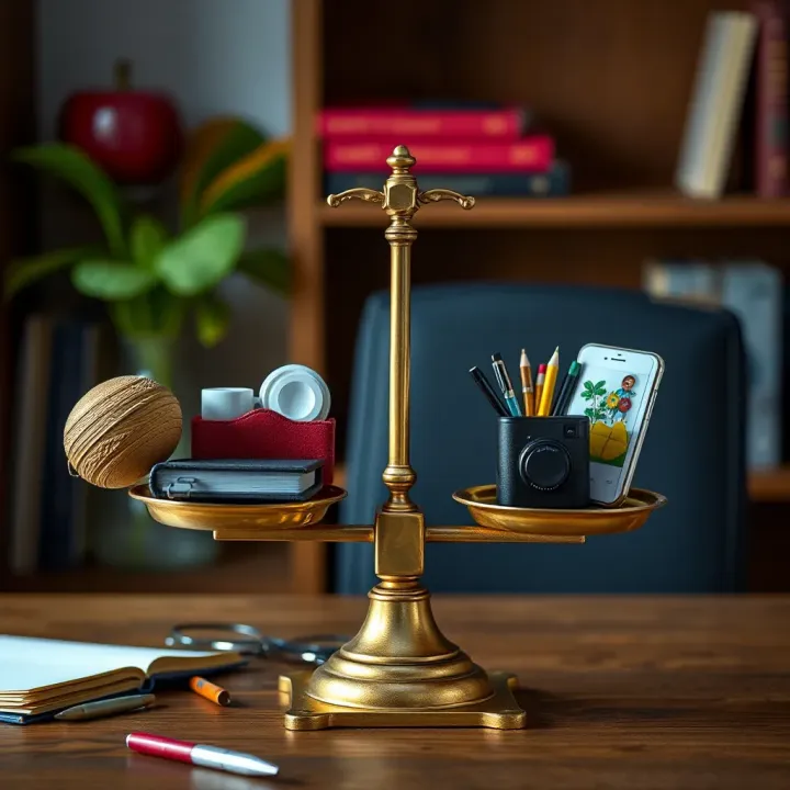Balanced scale with work items on one side and personal items on the other symbolizing work-life harmony