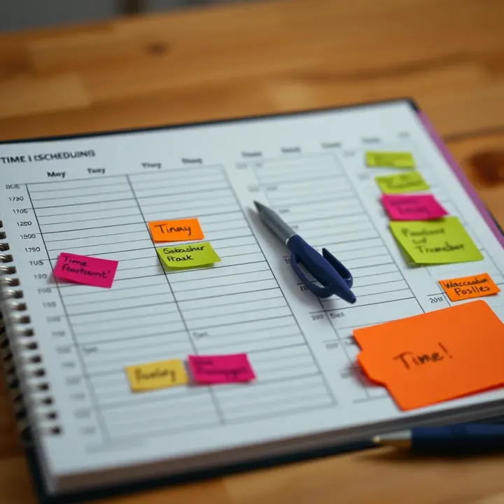 Organized planner with time blocks and colorful notes for effective time management