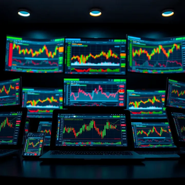 Various digital devices displaying trading platforms with charts and graphs