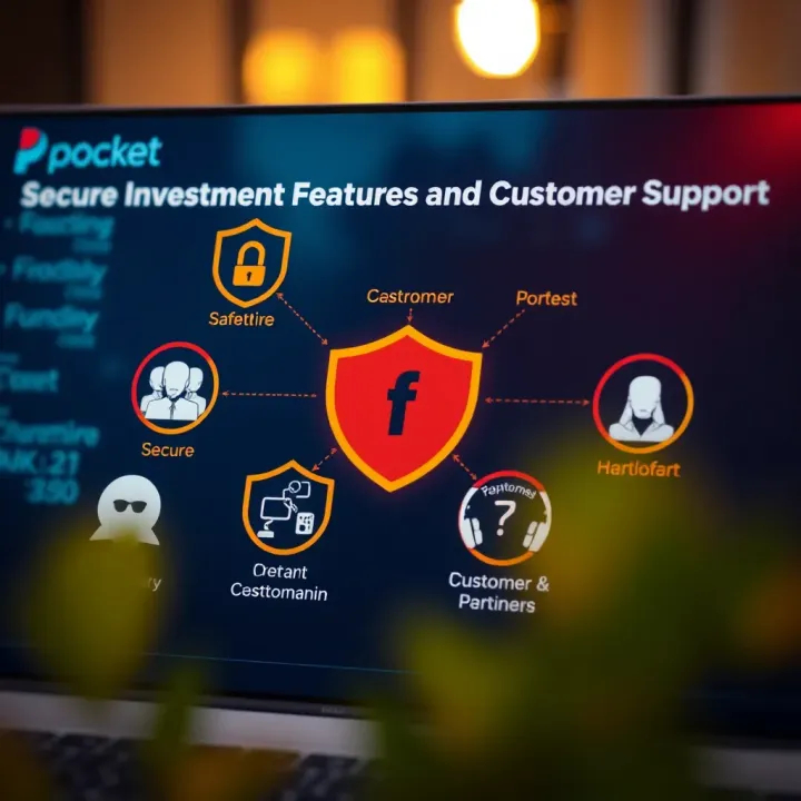 Illustration of secure online investment with icons representing safety features and customer support