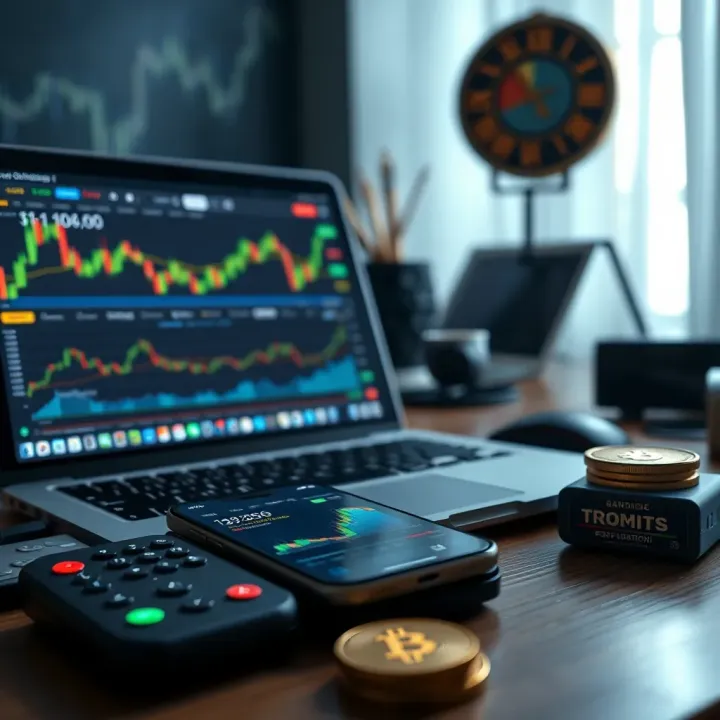 Collection of trading tools including a laptop displaying crypto analytics and a smartphone with market data
