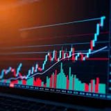 Digital graph showing cryptocurrency trading trends with candlestick patterns and volume bars