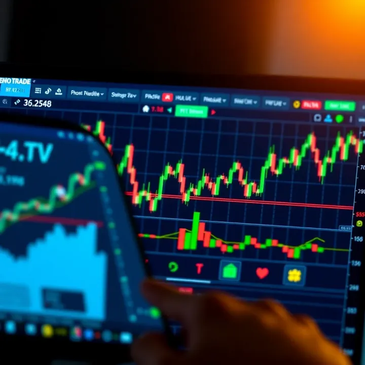 Illustration showing a digital trading platform interface with simulated financial charts and indicators