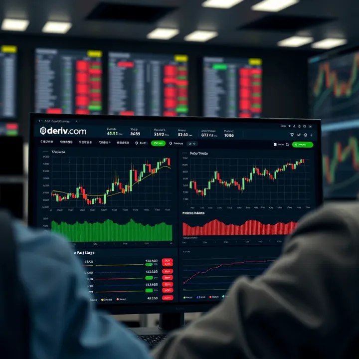 Screenshot showing the main dashboard of Deriv.com with various trading options and charts