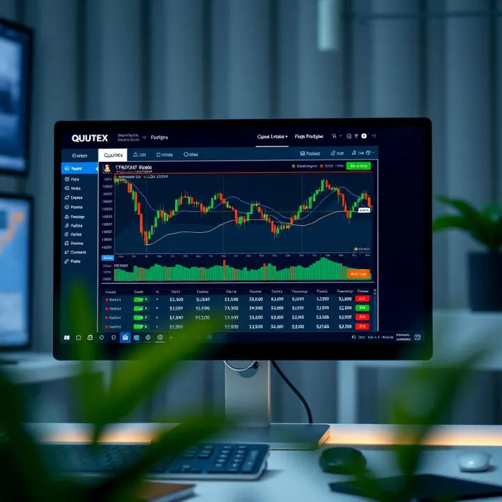 Computer screen displaying Quotex platform interface with trading charts and options