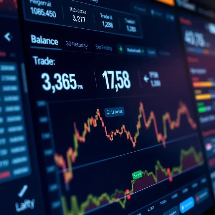 Close-up of financial dashboard displaying account balance, open trades, and market trends