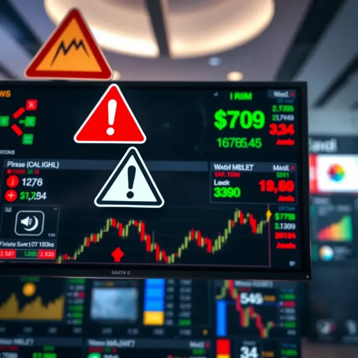 Visual depiction of financial risks in binary options featuring warning signs and fluctuating market indicators