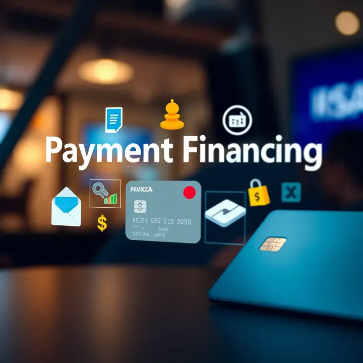 Illustration of various payment financing methods including credit cards, loans, and digital wallets