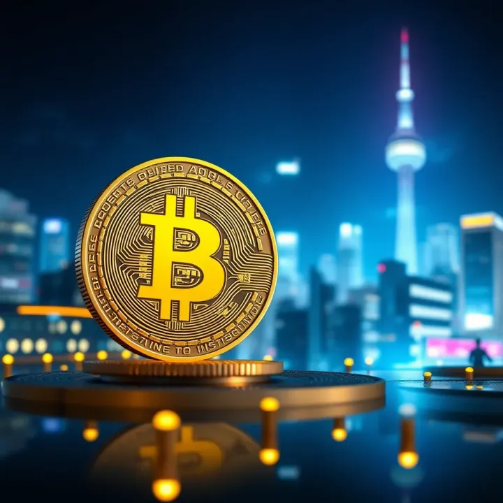 Digital representation of Bitcoin with futuristic cityscape in background symbolizing technological advancements and economic impact