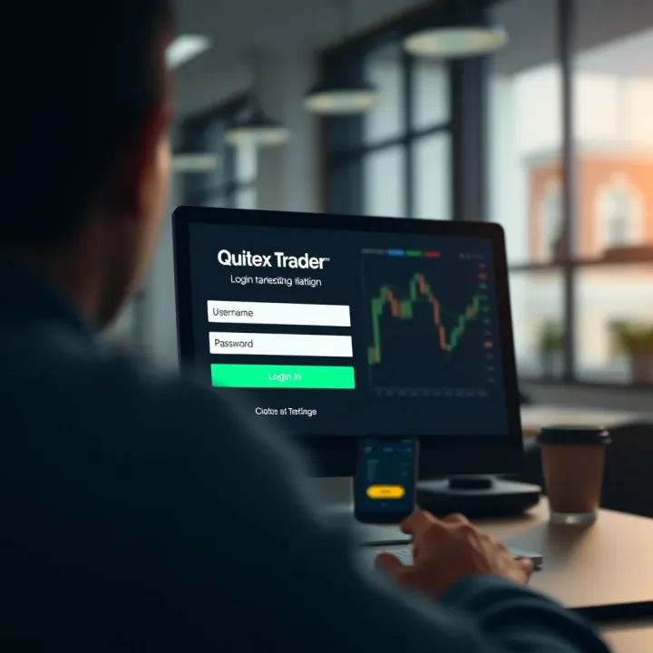 User interface displaying login screen with fields for username and password on Quotex Trader platform