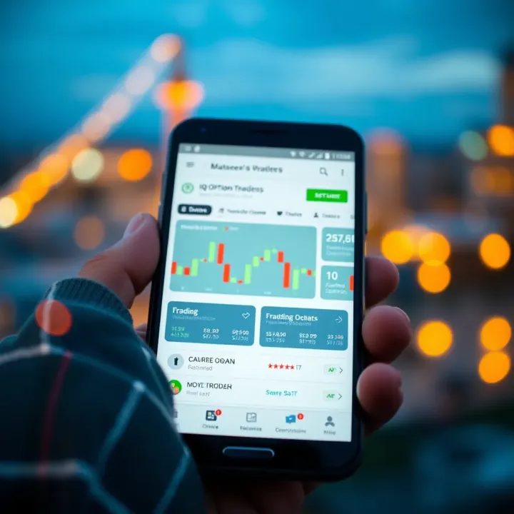 Mobile device displaying IQ Option app interface with investment charts and trading options