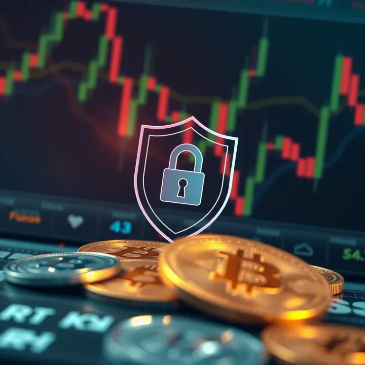 Illustration of cryptocurrency coins with security shield and risk management icons