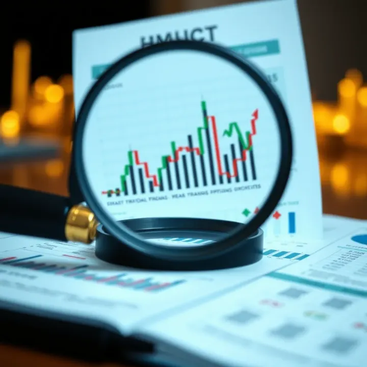 Illustration showing a magnifying glass over a document with financial charts representing regulatory compliance of binary options brokers in Brazil