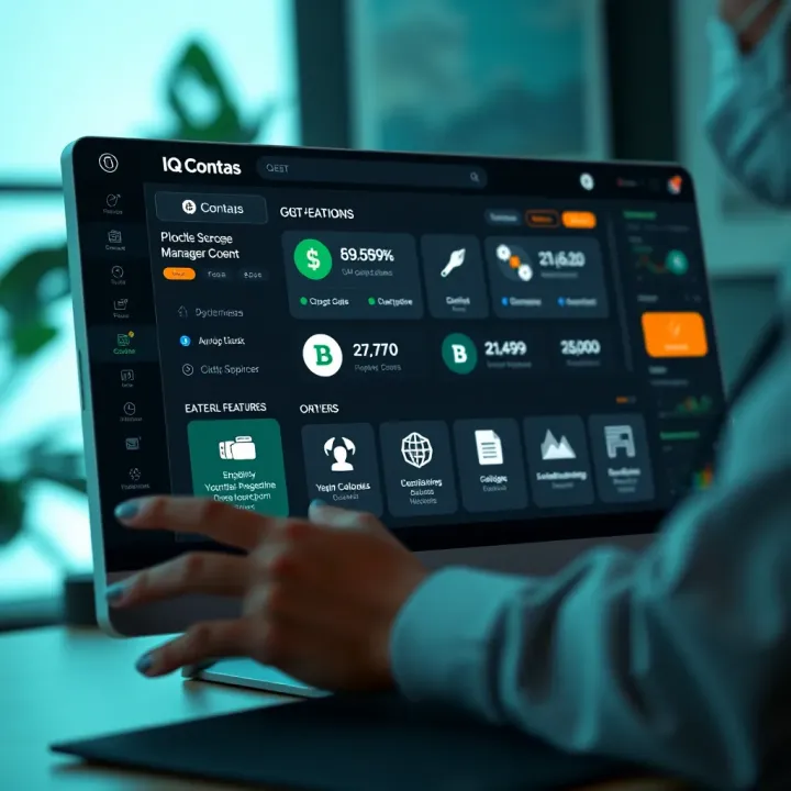 Digital interface displaying features and options of IQ Contas financial management platform