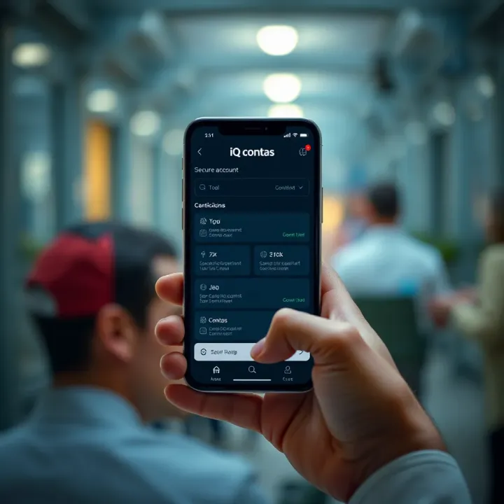 Secure mobile banking application screen showing user-friendly tools for managing IQ Contas account