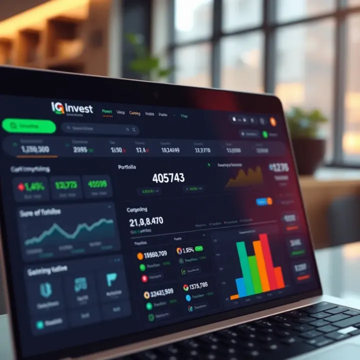 User interface of IQ Invest platform showing diverse investment options and portfolio overview
