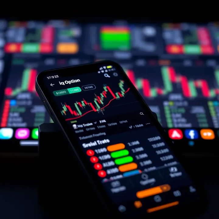 Smartphone showing the IQ Option app interface with financial charts and trading options