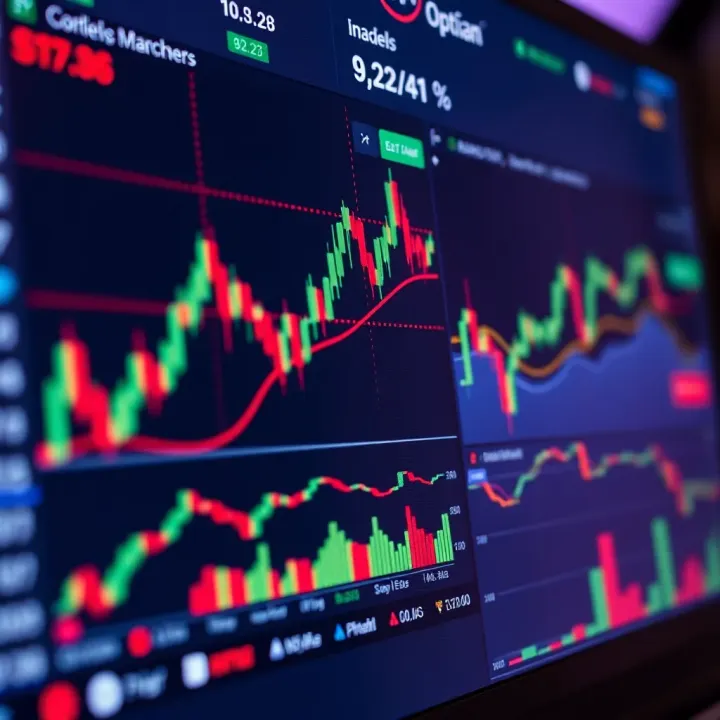 Detailed view of IQ Option trading interface showing various financial charts and indicators