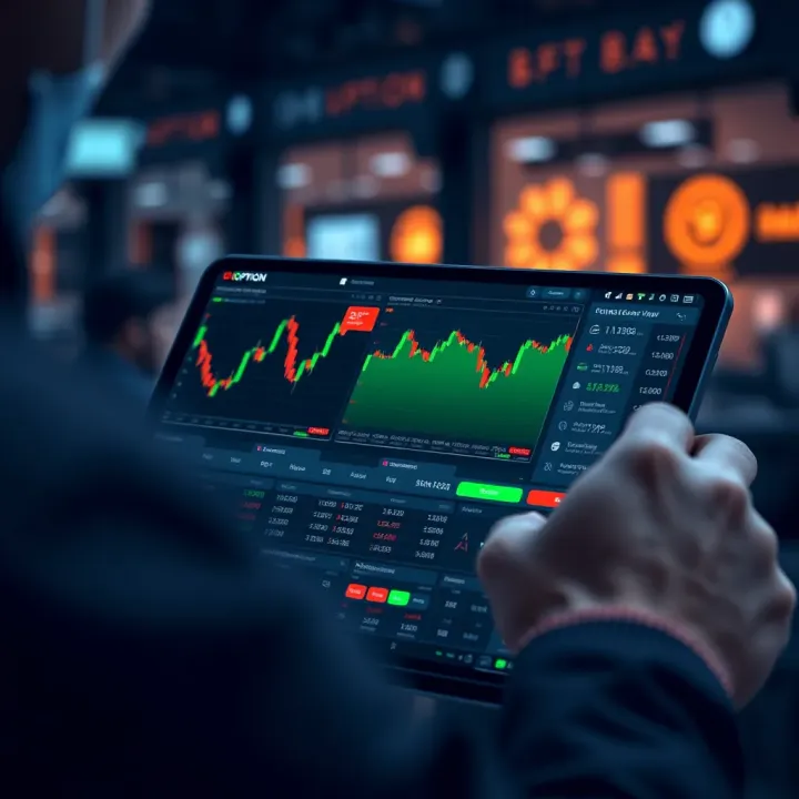 User interface of IQ Option with trading charts and account overview on a tablet screen