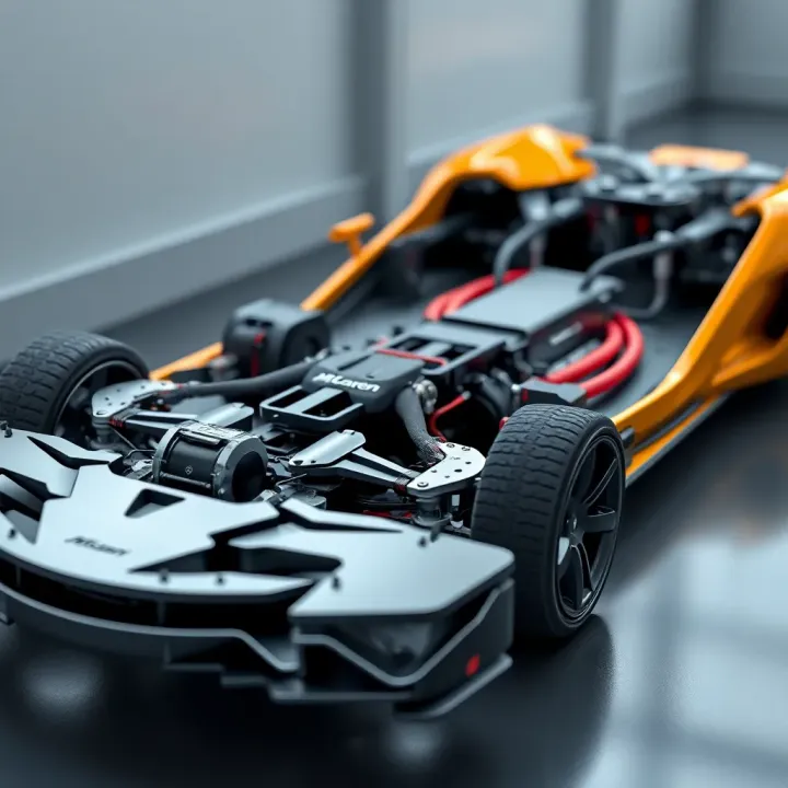 Detailed view of McLaren automotive platform showcasing integrated chassis and powertrain components